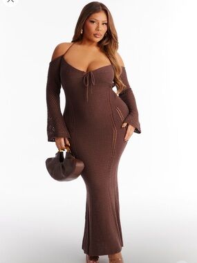 Fashion Nova Brown One-Shoulder Knit Maxi Dress NWOT